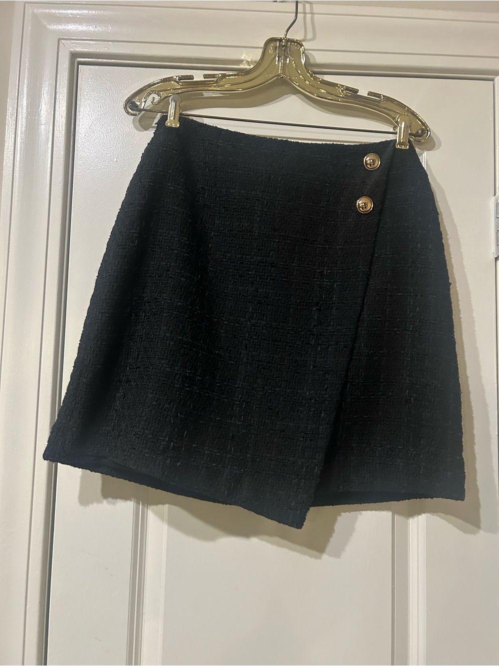 Nine West Black Tweed Wrap Mini Skirt with Gold Buttons